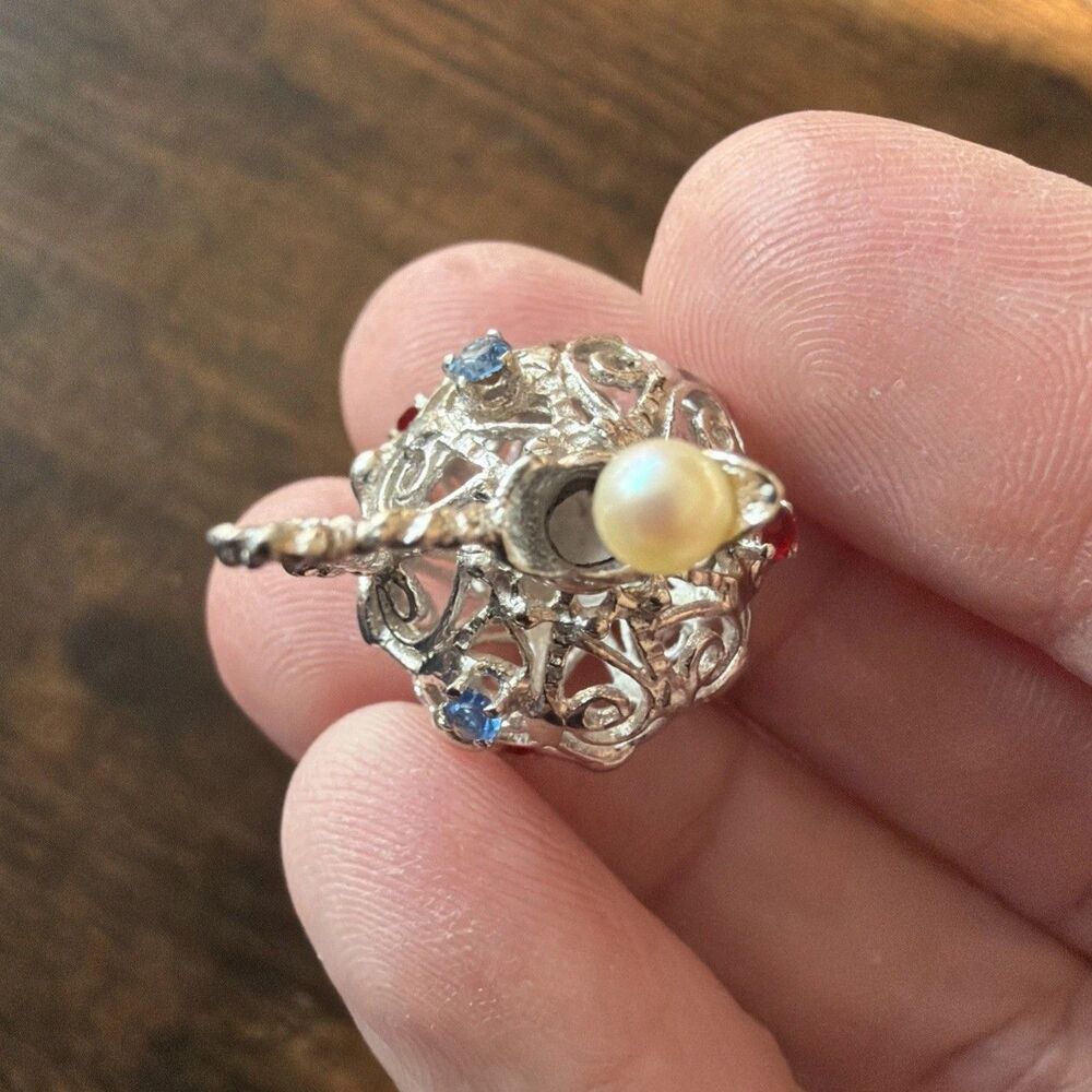 Vintage Sterling Silver Filigree Water Pitcher Charm Pendant Rhinestones Pearl - Picture 8 of 9